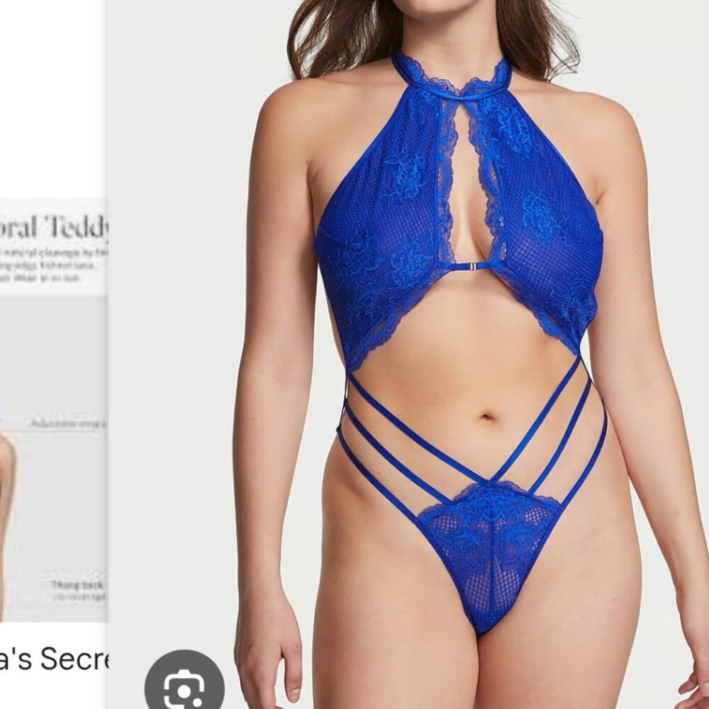 Victoria's Secret Royal Blue Lace Halter Strappy Teddy